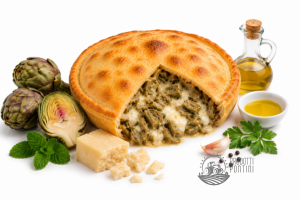 Savory pie with artichoke and cheese filling, partially sliced open, surrounded by artichokes, parmesan, garlic, herbs, and olive oil.