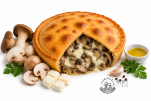 Mushroom pie with a golden crust, sliced to show creamy mushroom and cheese filling, surrounded by fresh mushrooms and parsley.
