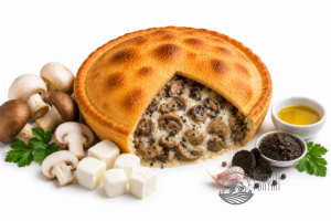 Savory mushroom pie with a golden braided crust, sliced open to reveal creamy mushroom filling with cheese, surrounded by mushrooms and herbs.