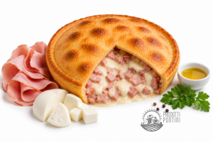 Savory ham and cheese pie with a golden crust, cut to reveal a creamy filling with ham chunks and melted cheese, surrounded by ham slices and cheese cubes with parsley and oil on the side.