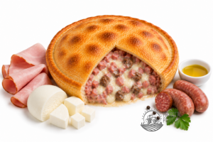 Round baked cheese-and-ham pie with a missing slice, showing melted cheese and ham chunks inside.