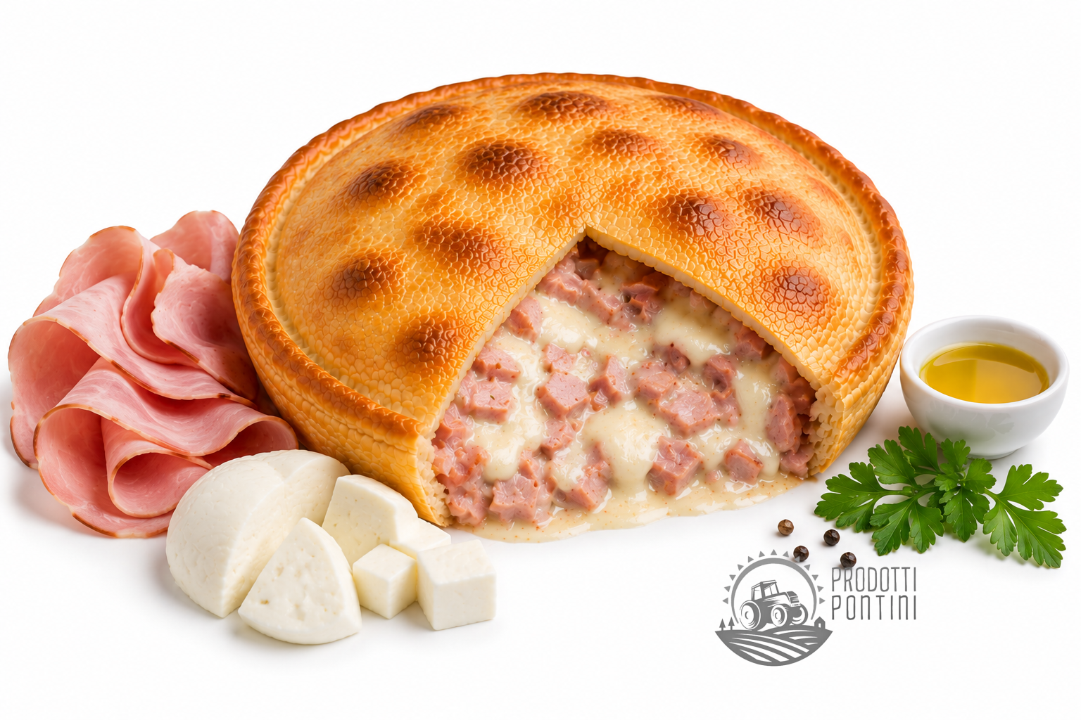tiella prosciutto e formaggio Savory ham and cheese pie with a golden crust, cut to reveal a creamy filling with ham chunks and melted cheese, surrounded by ham slices and cheese cubes with parsley and oil on the side.