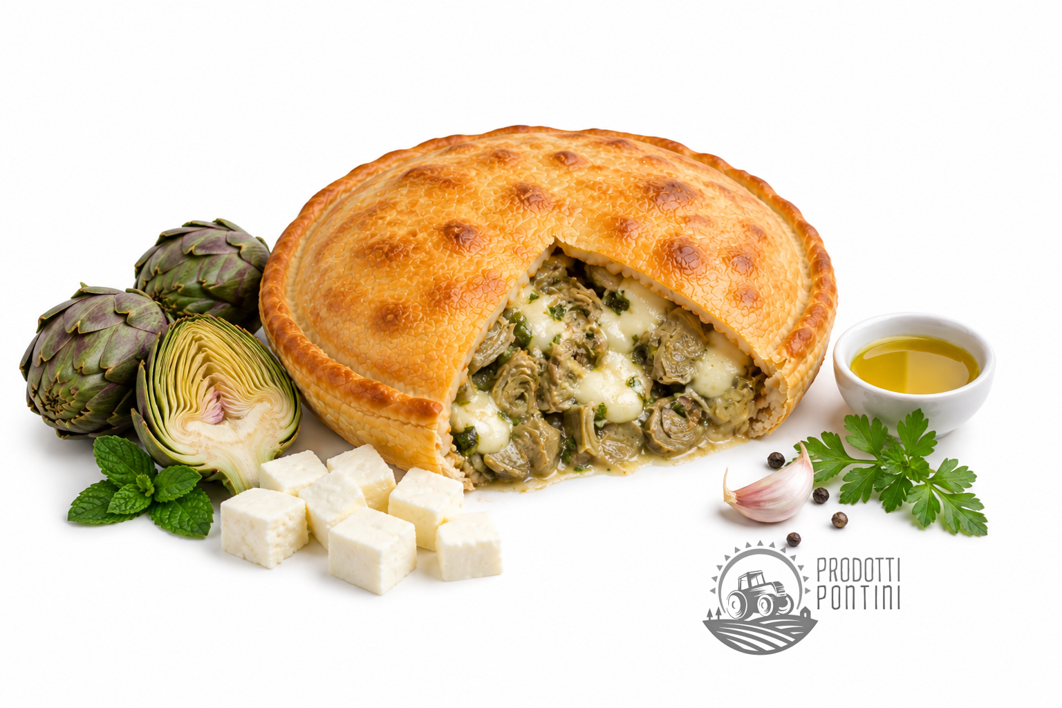 tiella_carciofo_formaggio Savory cheese and artichoke pie with a golden crust, filled with artichokes and melted cheese, surrounded by feta cubes, garlic, herbs, and olive oil on a white background (brand Logo: Prodotti Pontini).