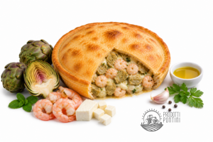 Golden savory pie filled with shrimp and artichokes, cut open to reveal creamy filling, surrounded by shrimp, cheese cubes and herbs.