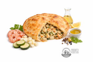 Golden-brown savory pie sliced open to reveal a creamy vegetable and white bean filling, with shrimp, cucumber, feta, olive oil, and lemon on the side.