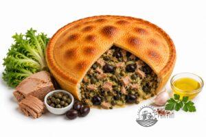 Large round savory pie with tuna, olives and greens filling, sliced open to reveal the mixture, with greens, olives and oil on the side.
