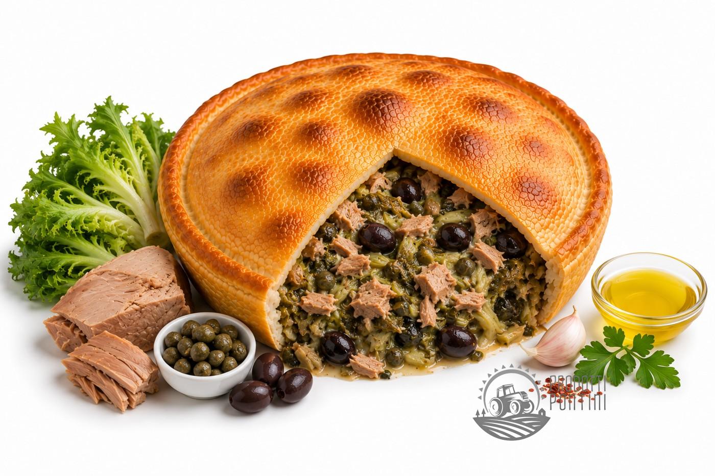 tiella_scarola_tonno_500kb Large round savory pie with tuna, olives and greens filling, sliced open to reveal the mixture, with greens, olives and oil on the side.